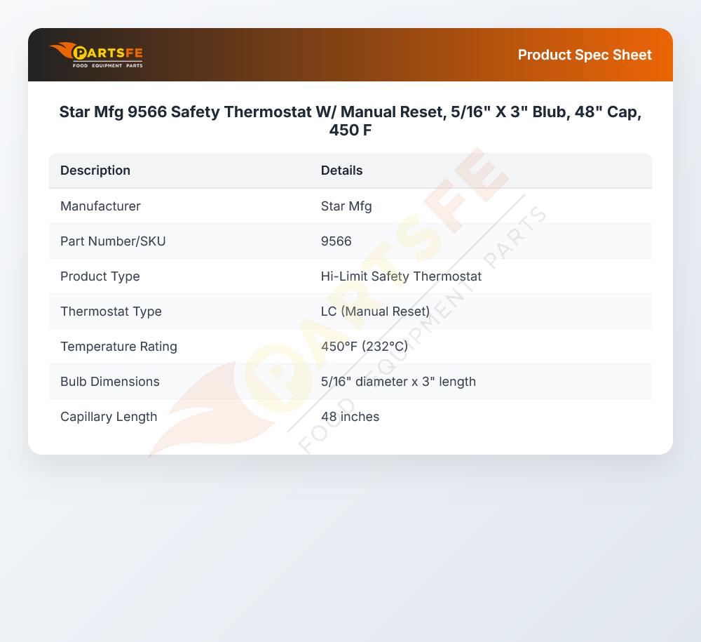 Star Mfg 9566 Safety Thermostat W/ Manual Reset, 5/16" X 3" Blub, 48" Cap, 450 F