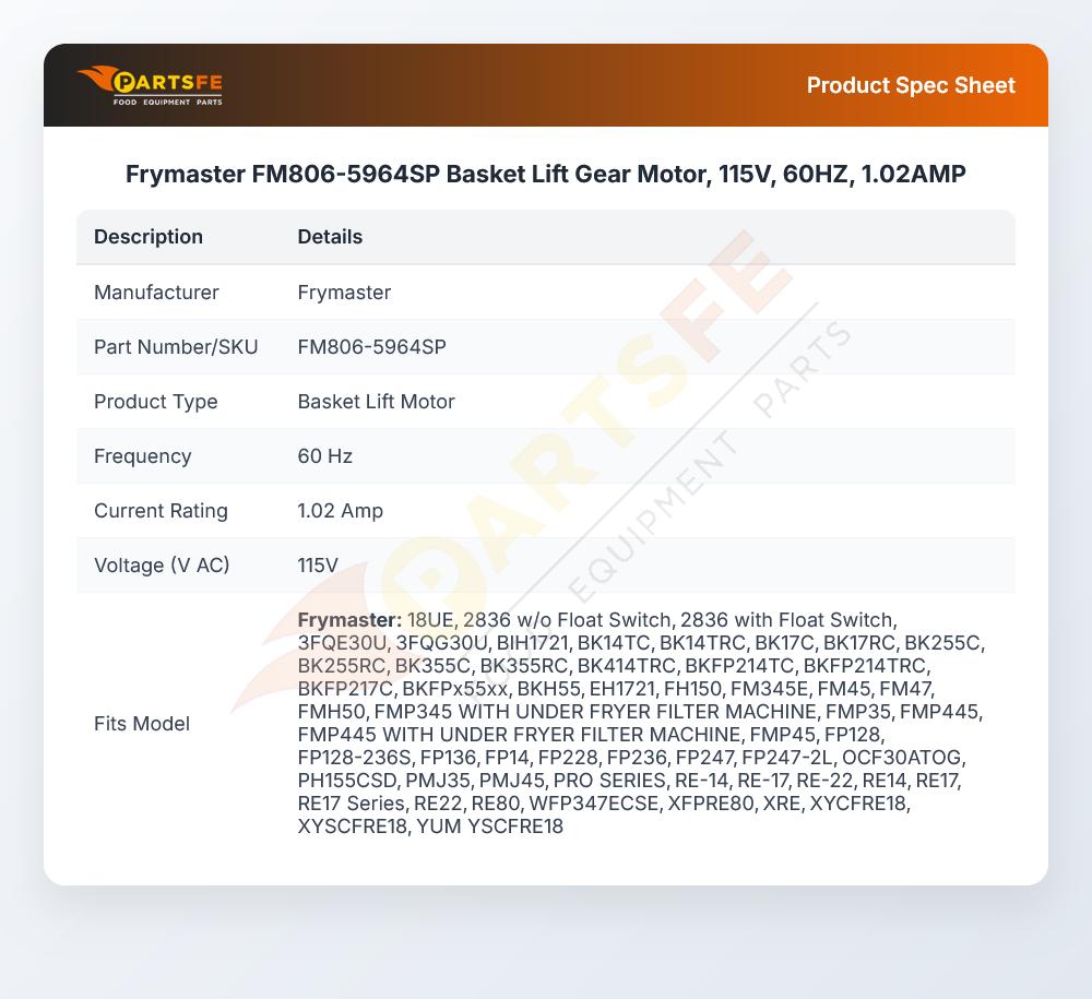 Frymaster FM806-5964SP Basket Lift Gear Motor, 115V, 60HZ, 1.02AMP
