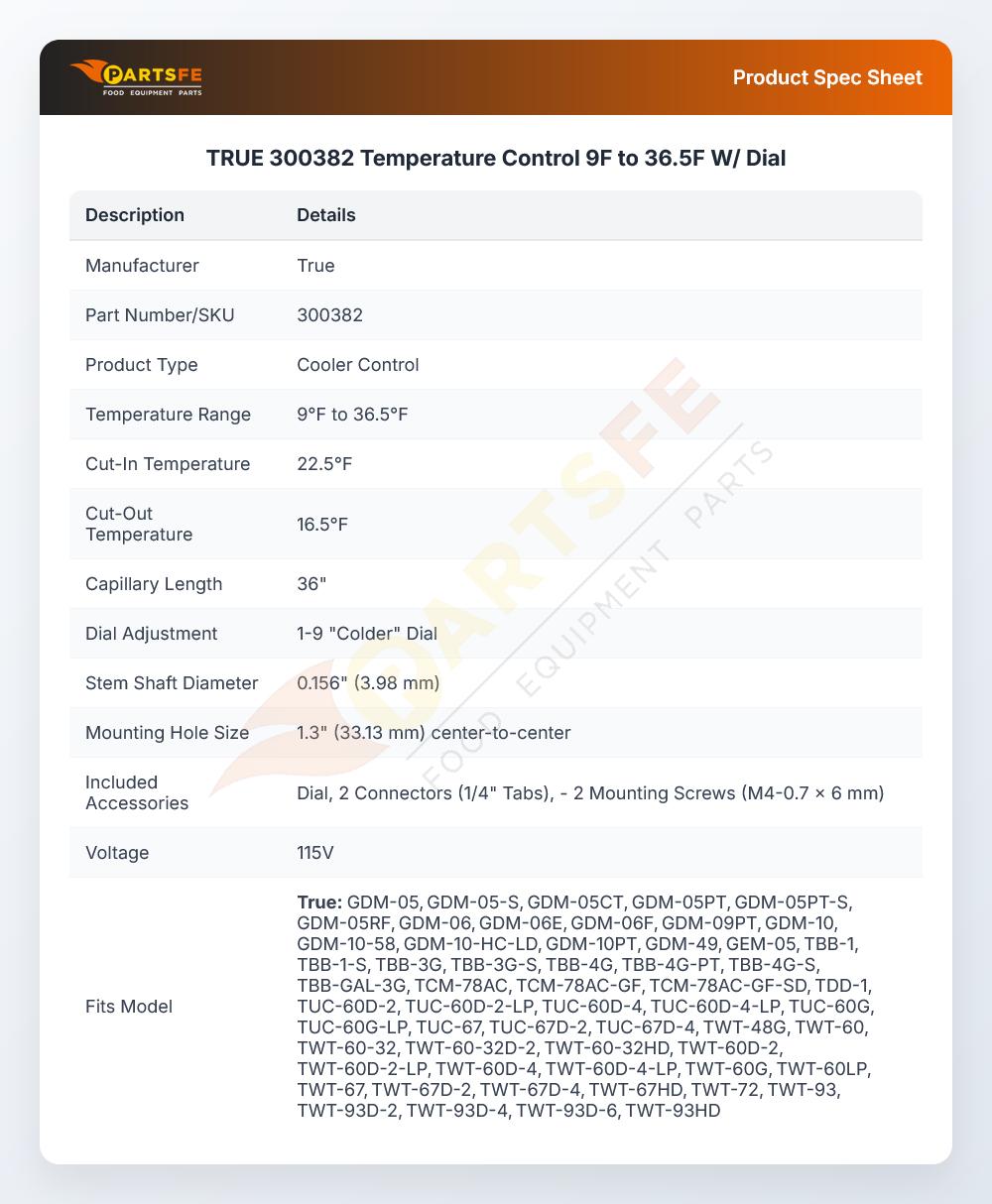 TRUE 300382 Temperature Control 9F to 36.5F W/ Dial