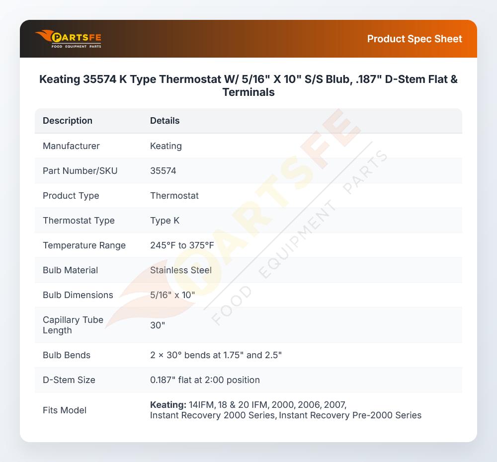 35574 K Type Thermostat W/ 5/16" X 10" S/S Blub, .187" D-Stem Flat & Terminals