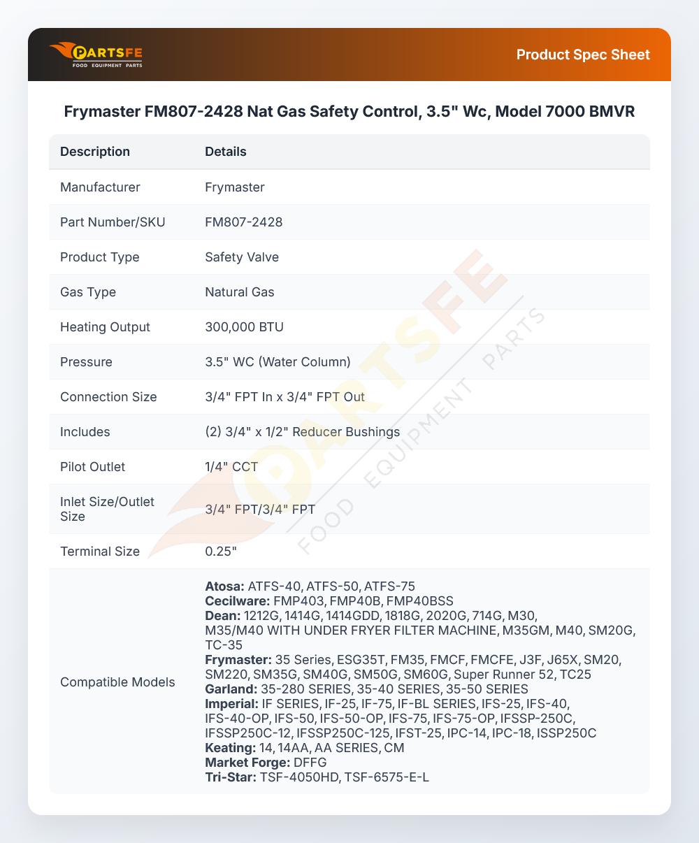 Frymaster FM807-2428 Nat Gas Safety Control, 3.5" Wc, Model 7000 BMVR