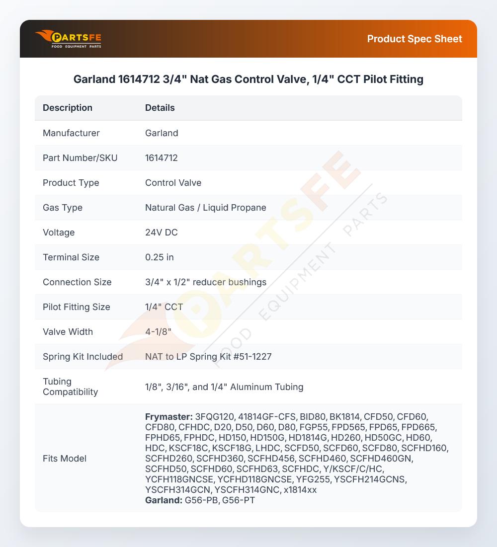 Garland 1614712 3/4" Nat Gas Control Valve, 1/4" CCT Pilot Fitting