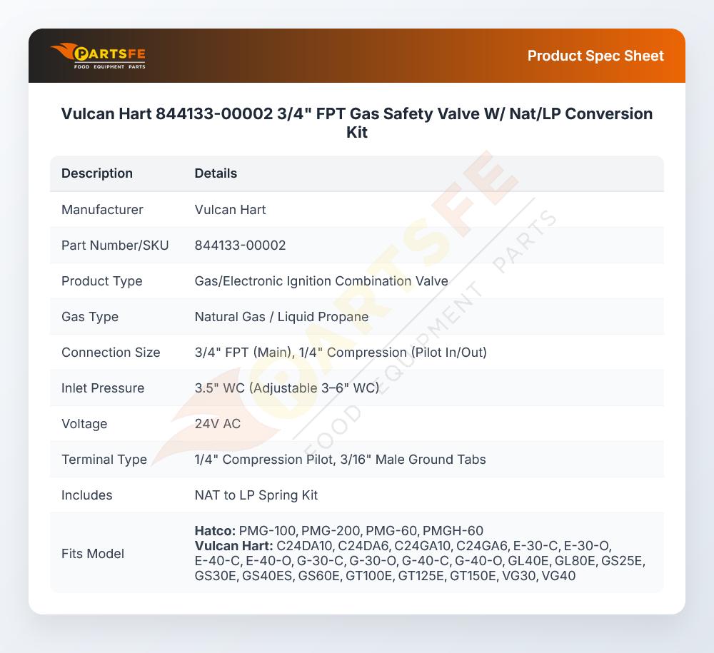 Vulcan Hart 844133-00002 3/4" FPT Gas Safety Valve W/ Nat/LP Conversion Kit