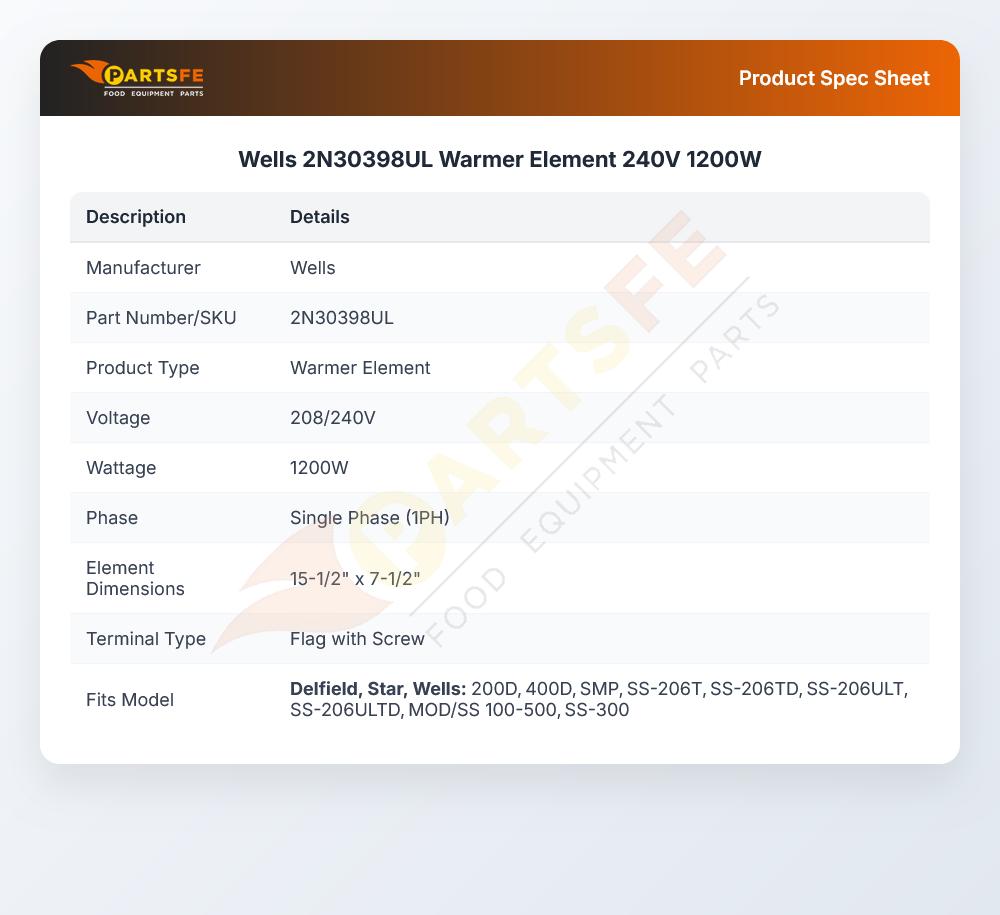 Wells 2N30398UL Warmer Element 1200W 240V