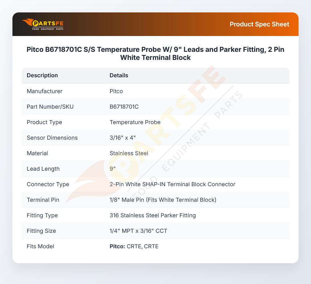 Pitco B6718701C S/S Temperature Probe W/ 9" Leads and Parker Fitting, 2 Pin White Terminal Block