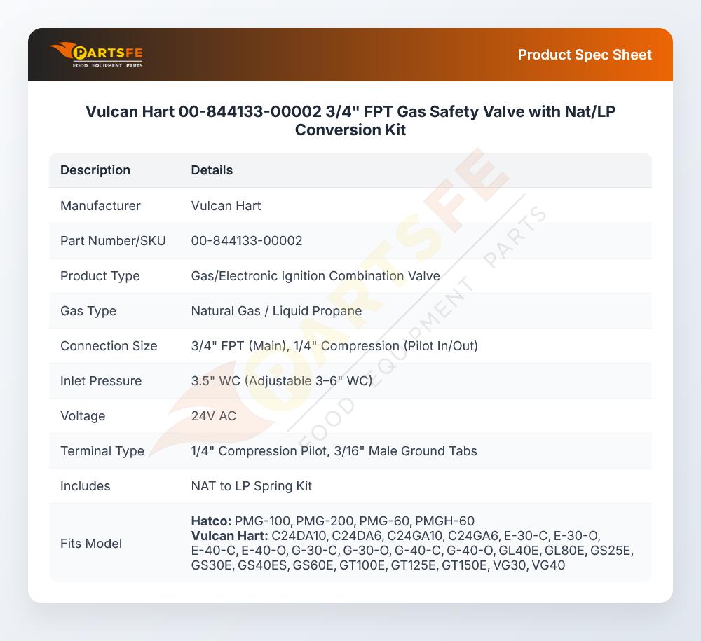 Vulcan Hart 00-844133-00002 3/4" FPT Gas Safety Valve with Nat/LP Conversion Kit