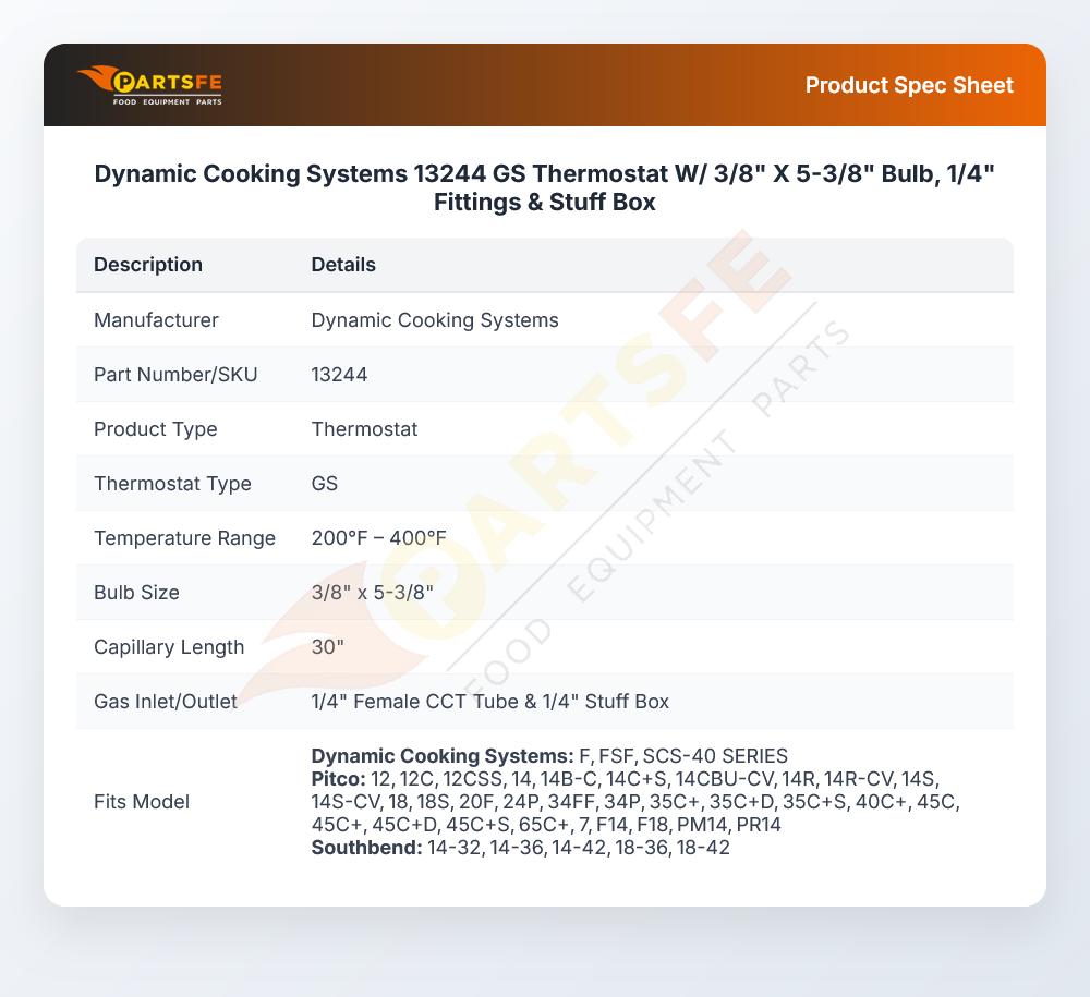 Dynamic Cooking Systems 13244 GS Thermostat W/ 3/8" X 5-3/8" Bulb, 1/4" Fittings & Stuff Box