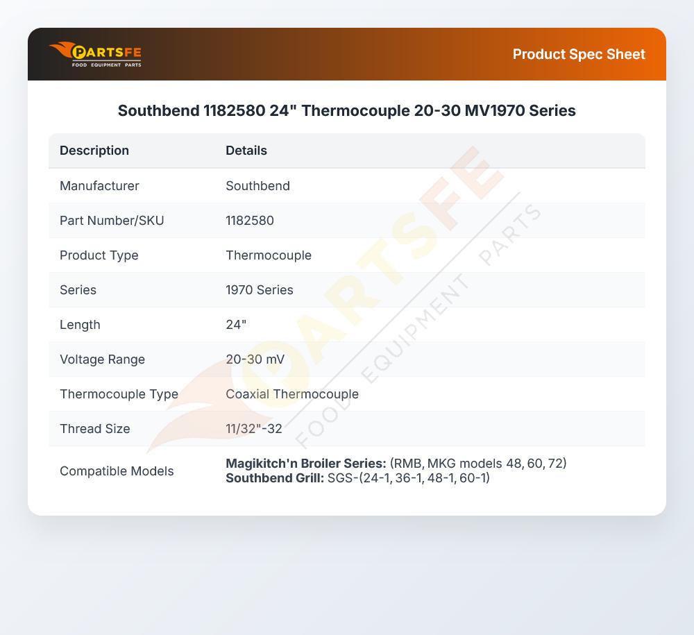 Southbend 1182580 Thermocouple 24" 20-30mV 1970 Series