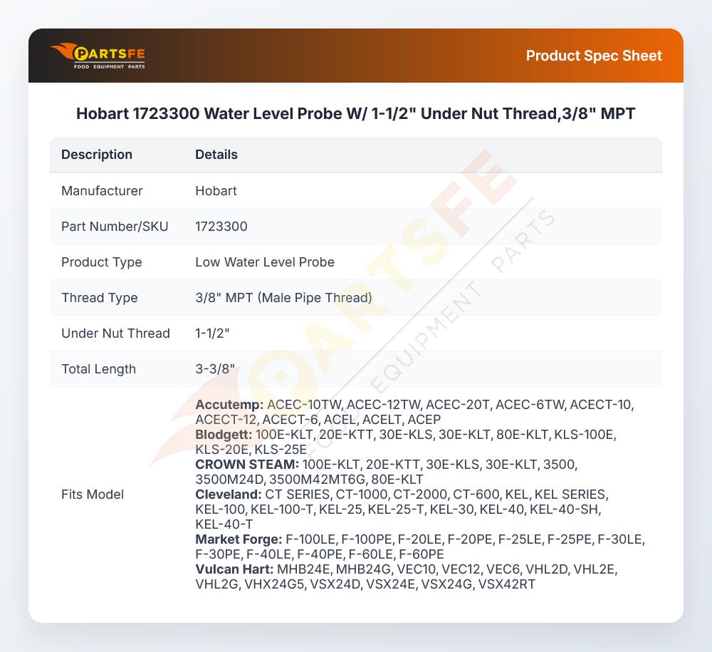 Hobart 1723300 Water Level Probe W/ 1-1/2" Under Nut Thread,3/8" MPT