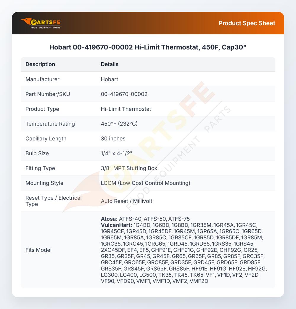 Hobart 00-419670-00002 Hi-Limit Thermostat, 450F, Cap30"