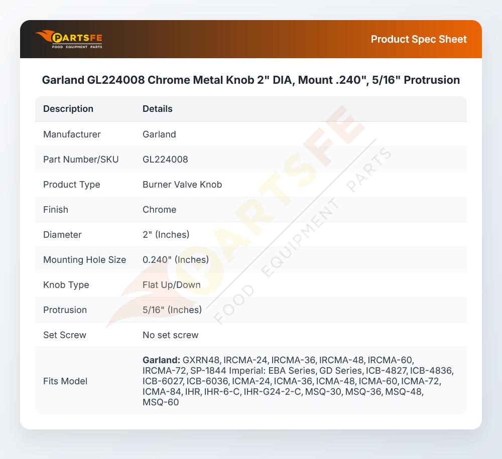 Garland GL224008 Chrome Knob 2"D
