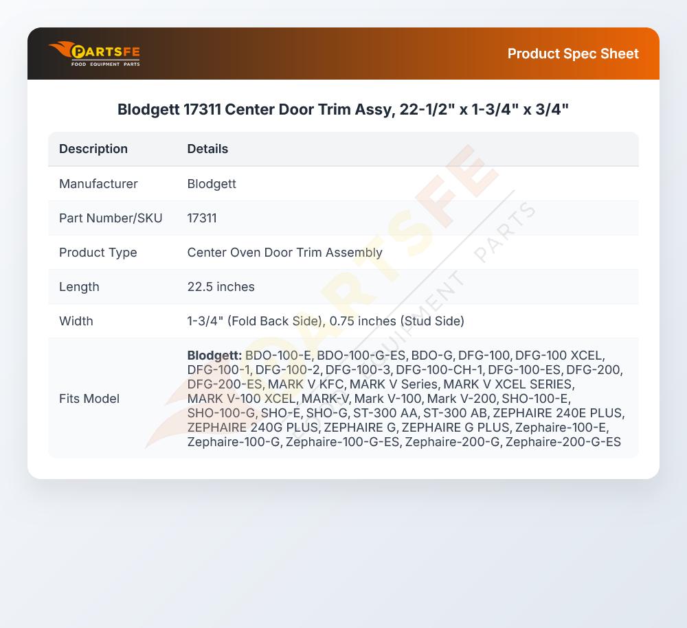 Blodgett 17311 Center Door Trim Assy,  22-1/2" x 1-3/4" x 3/4"