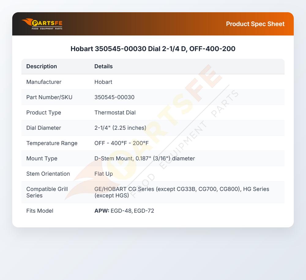 Hobart 350545-00030 Dial 2-1/4 D, OFF-400-200
