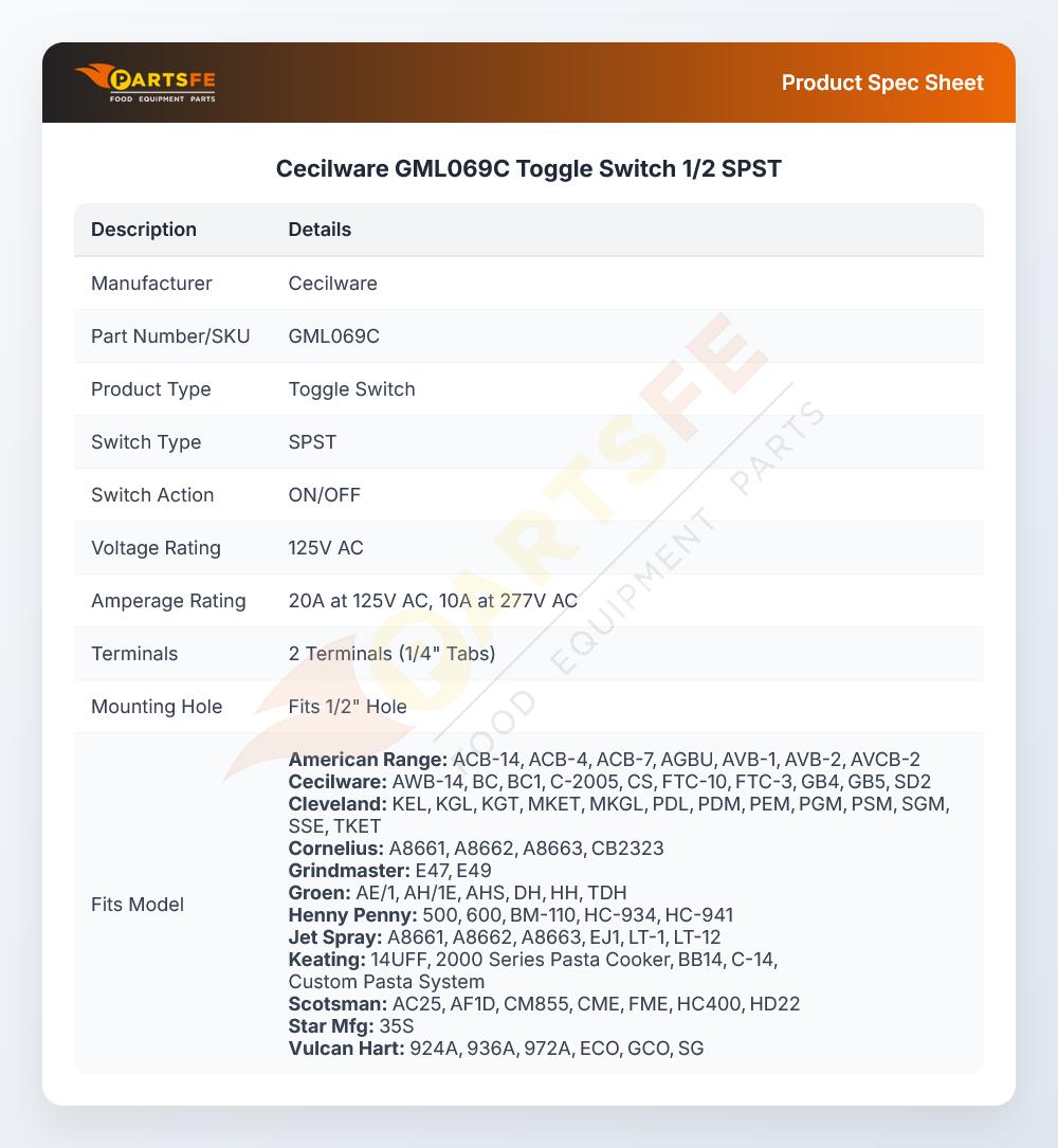 Cecilware GML069C Toggle Switch 1/2 SPST