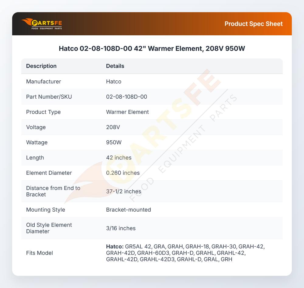 Hatco 02-08-108D-00 42" Warmer Element, 208V 950W