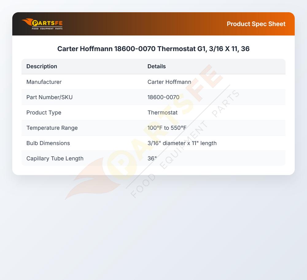Carter Hoffmann 18600-0070 Thermostat G1, 3/16 X 11, 36