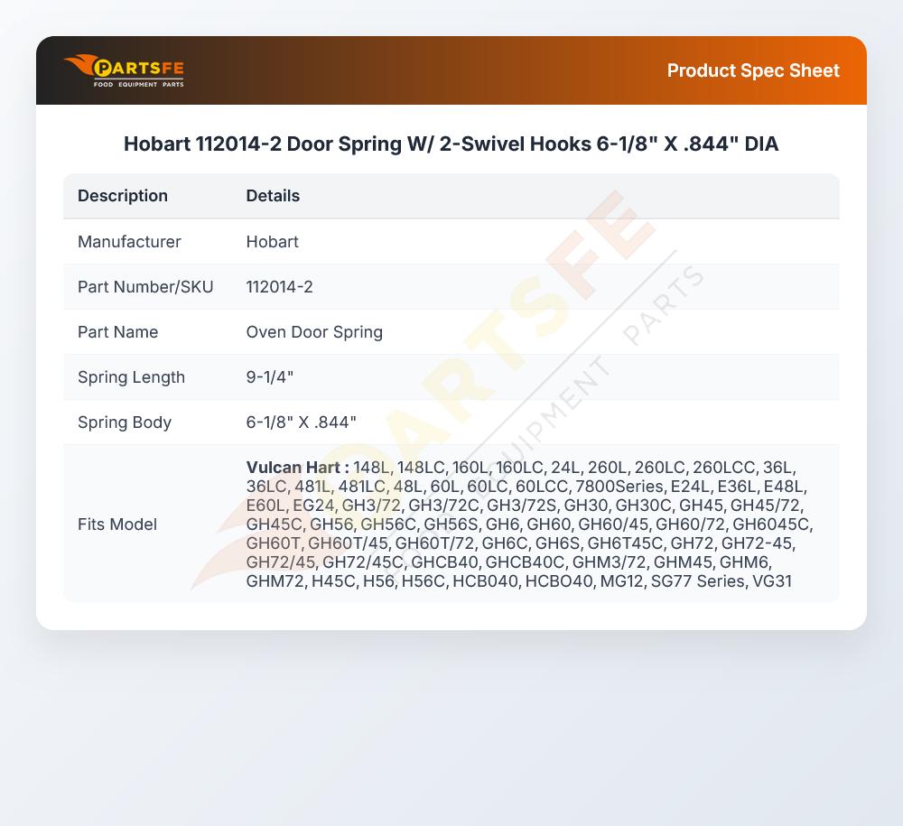 Hobart 112014-2 Door Spring W/ 2-Swivel Hooks 6-1/8" X .844" DIA