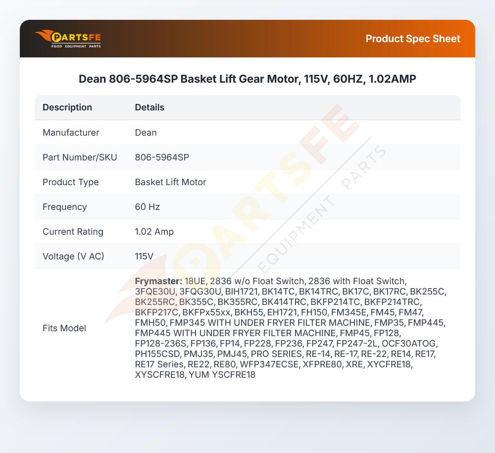 Dean 806-5964SP Basket Lift Gear Motor, 115V, 60HZ, 1.02AMP