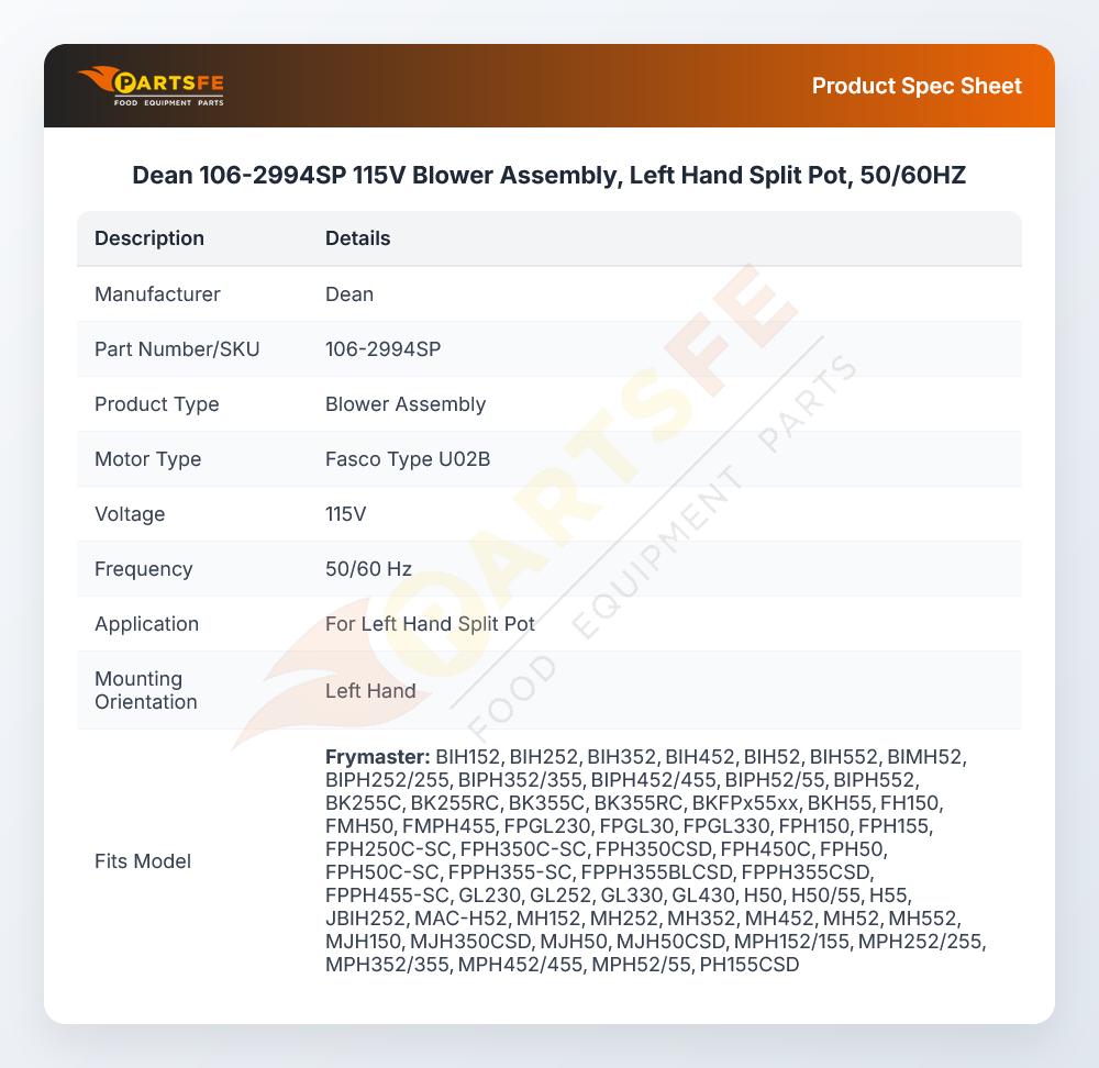Dean 106-2994SP 115V Blower Assembly,  Left Hand Split Pot, 50/60HZ