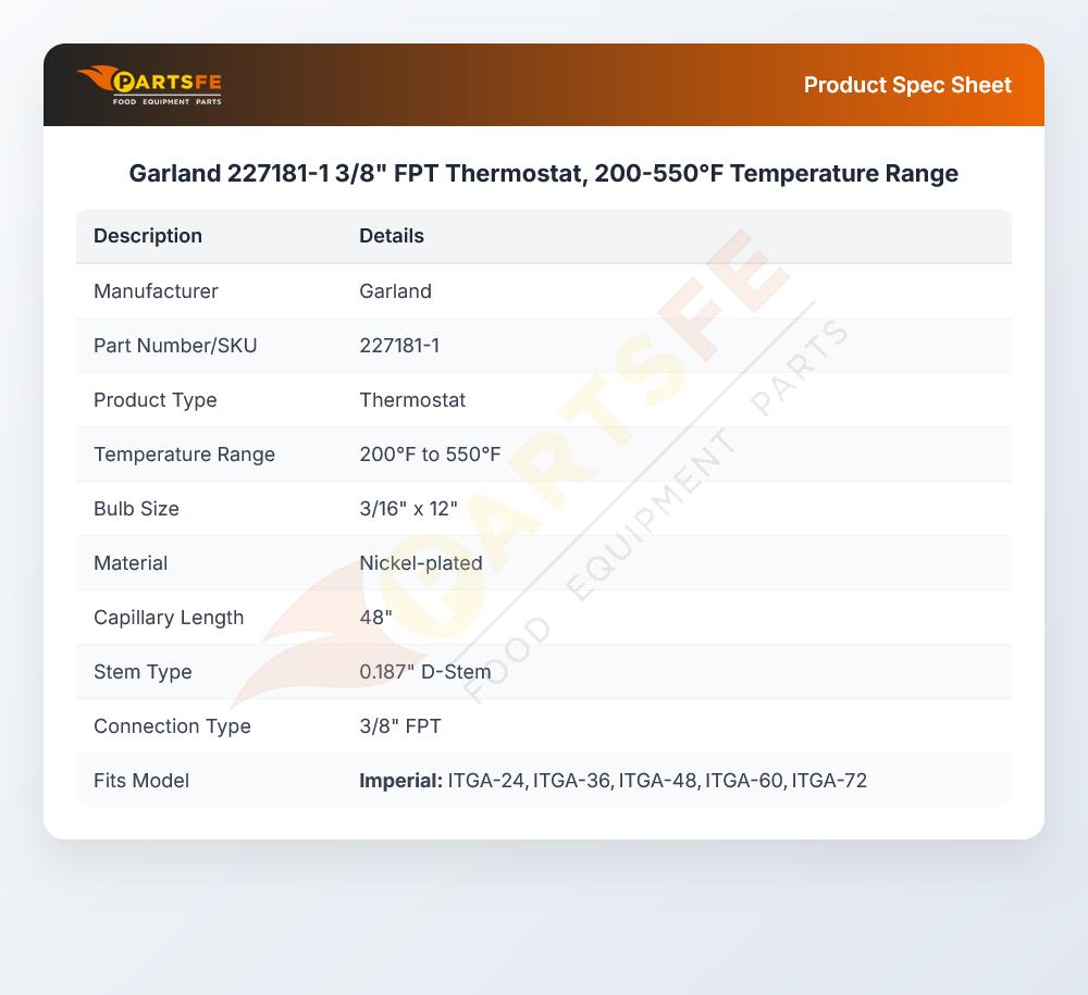 Garland 227181-1 3/8" FPT Thermostat, 200-550&deg;F Temperature Range