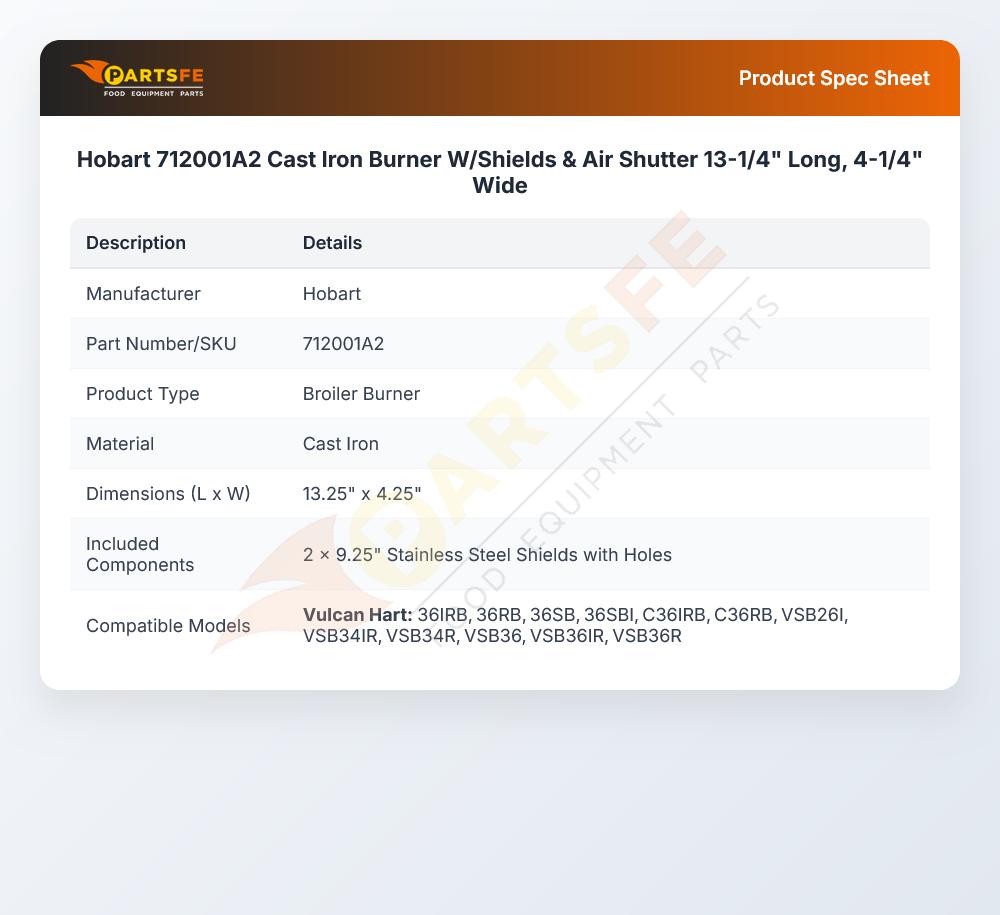 Hobart 712001A2 Cast Iron Burner W/Shields & Air Shutter 13-1/4" Long, 4-1/4" Wide