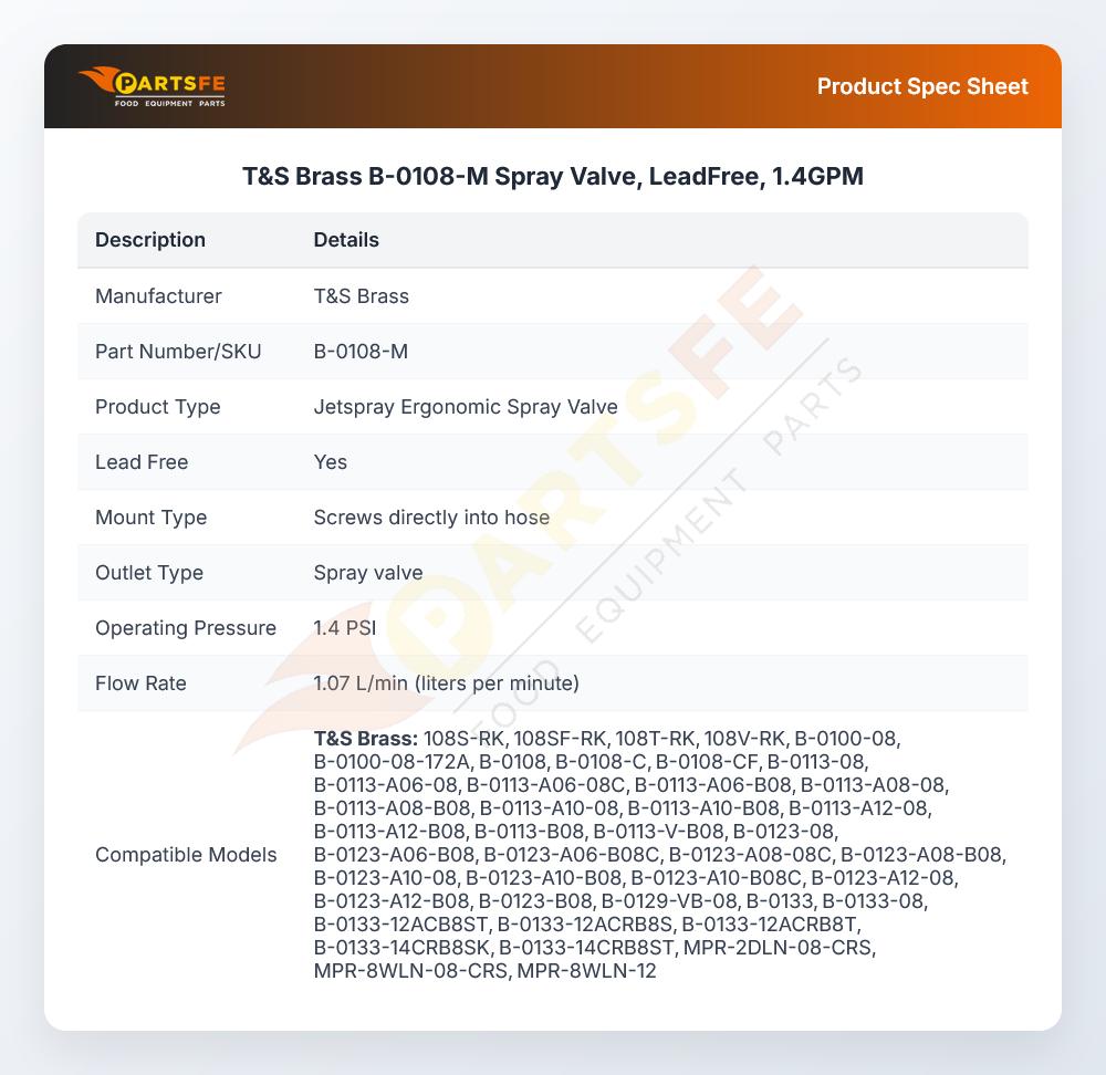 T&S Brass B-0108-M Spray Valve, LeadFree, 1.4GPM