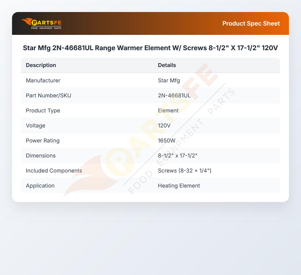 Star Mfg 2N-46681UL Range Warmer Element W/ Screws 8-1/2" X 17-1/2" 120V