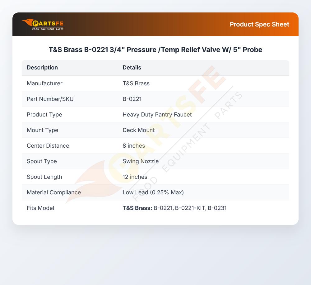 T&S Brass B-0221 3/4" Pressure /Temp Relief Valve W/ 5" Probe