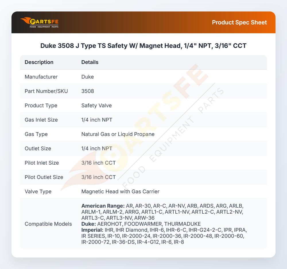 Duke 3508 J Type TS Safety W/  Magnet Head, 1/4" NPT, 3/16" CCT