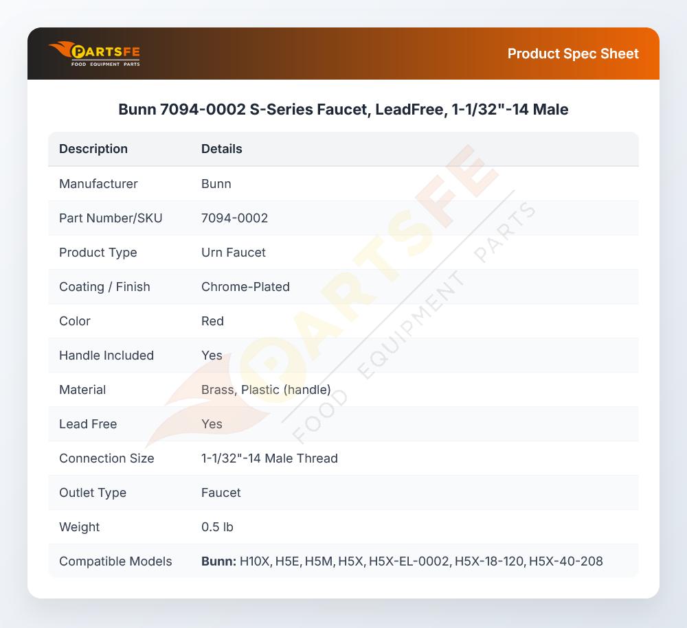 Bunn 7094-0002 S-Series Faucet, LeadFree, 1-1/32"-14 Male