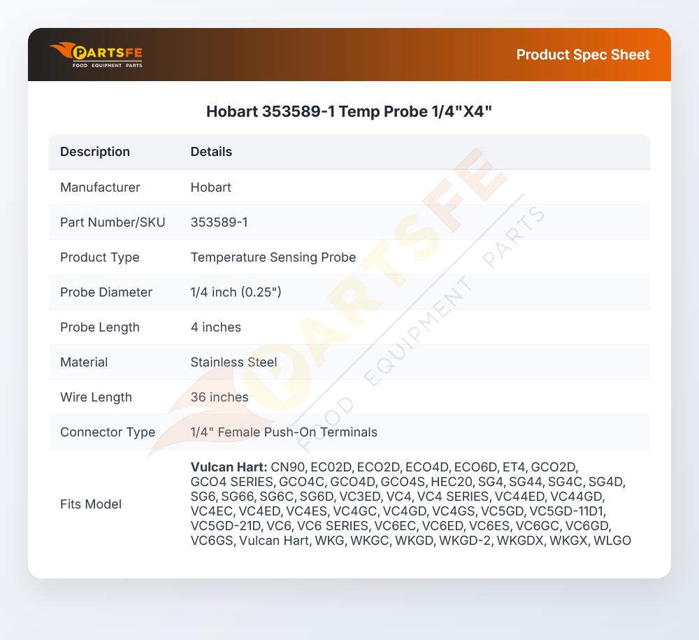Hobart 353589-1 Temperature Probe Stainless Steel 1/4" X 4"