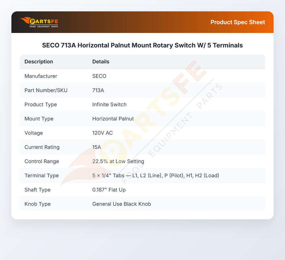 SECO 713A Horizontal Palnut Mount Rotary Switch W/ 5 Terminals