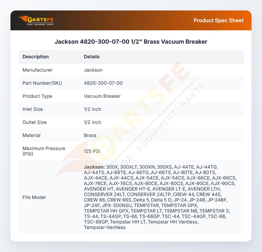 Jackson 4820-300-07-00 1/2" Brass Vacuum Breaker