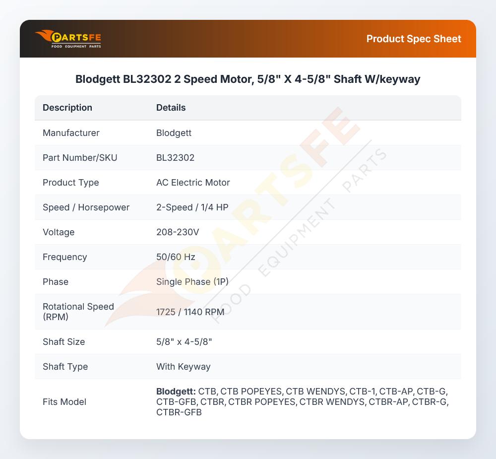Blodgett BL32302 2 Speed Motor, 5/8" X 4-5/8" Shaft W/keyway