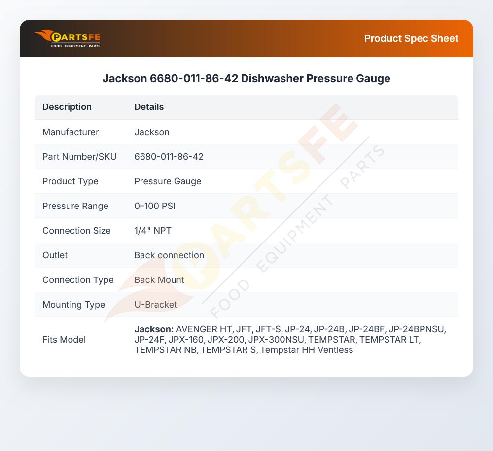 Jackson 6680-011-86-42 Dishwasher Pressure Gauge