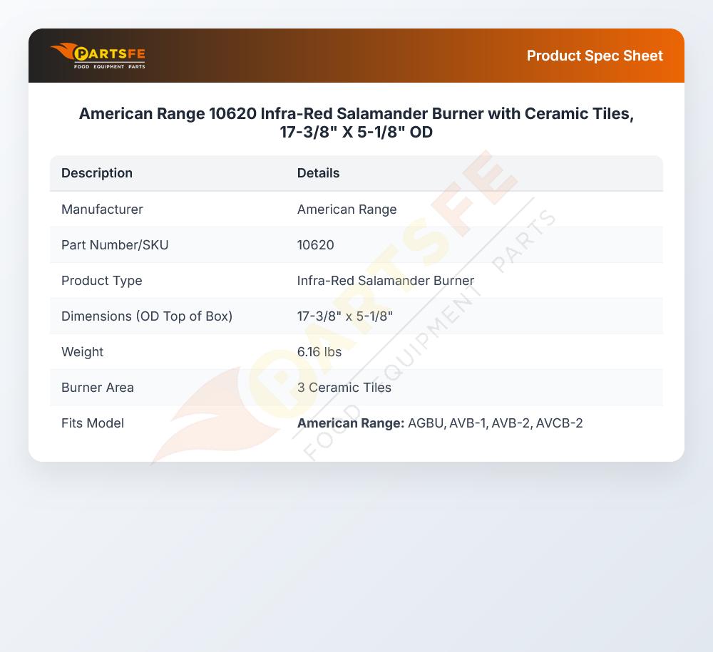 American Range 10620 Infra-Red Salamander Burner with Ceramic Tiles, 17-3/8" X 5-1/8" OD