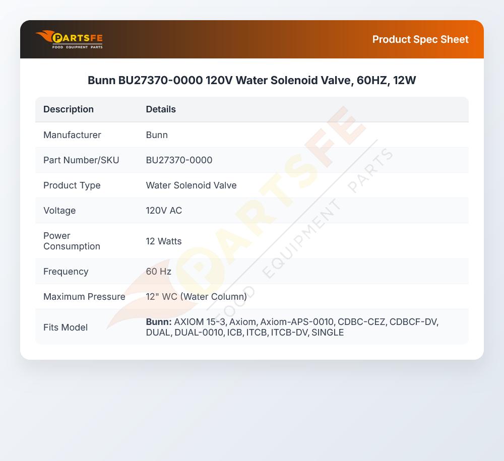 Bunn BU27370-0000 Coffee Brewer Water Solenoid Valve 12W 120V