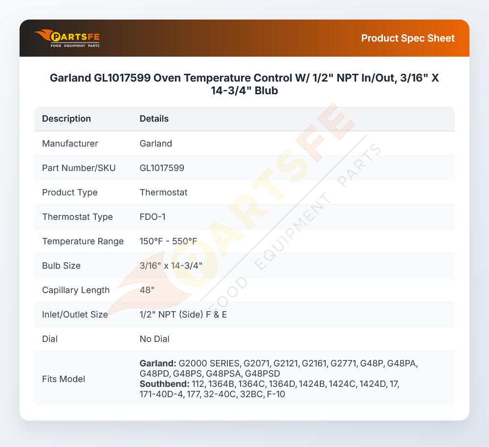 Garland GL1017599 Oven Temperature Control W/ 1/2" NPT In/Out, 3/16" X 14-3/4" Blub