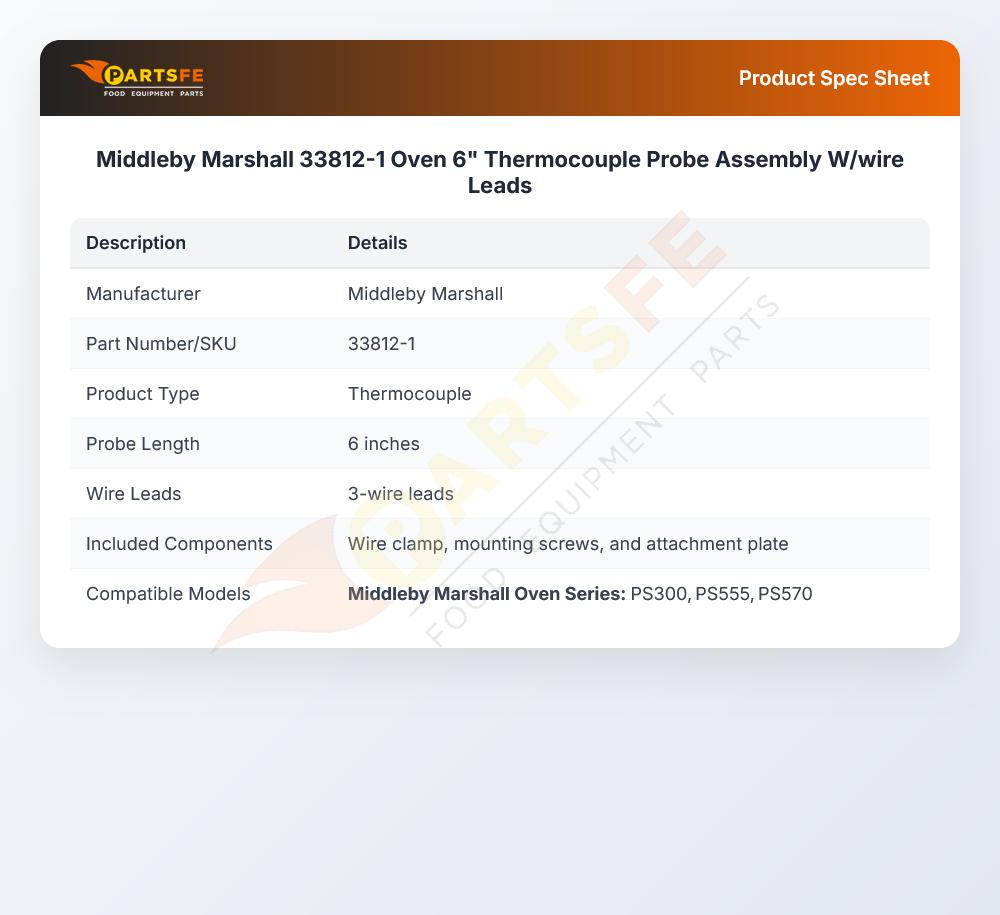 Middleby Marshall 33812-1 Oven 6" Thermocouple Probe Assembly W/wire Leads