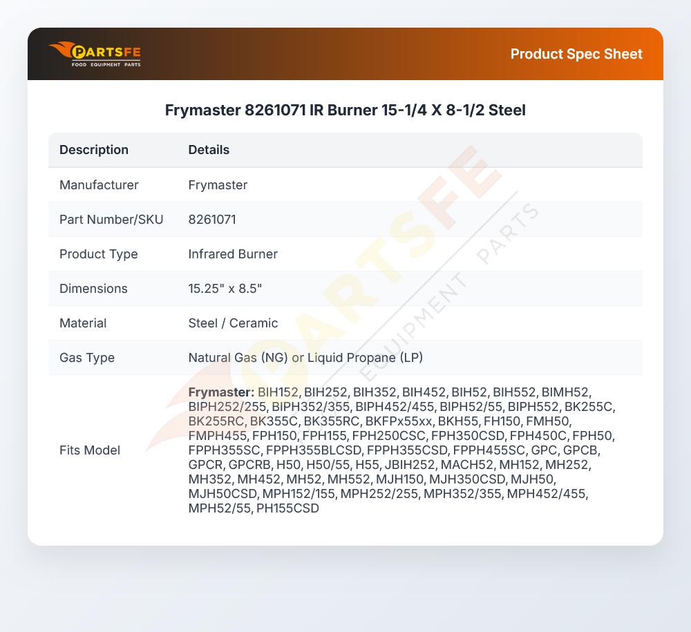 Frymaster 8261071 IR Burner 15-1/4 X 8-1/2  Steel