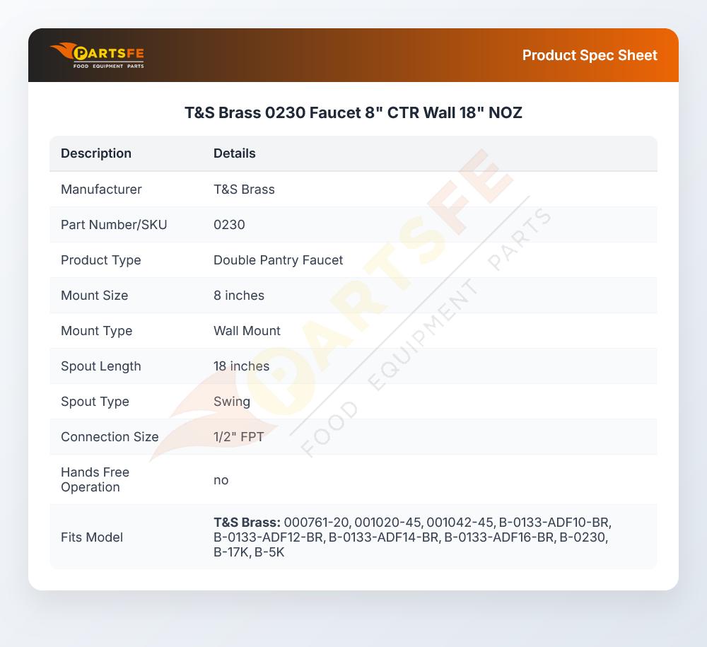 T&S Brass 0230 Faucet 8" CTR Wall 18" NOZ