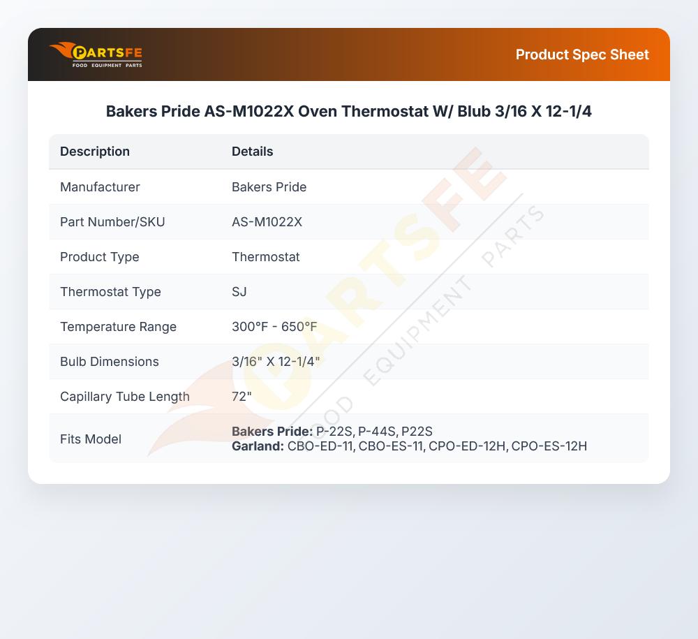 Bakers Pride AS-M1022X Oven Thermostat W/ Blub 3/16 X 12-1/4
