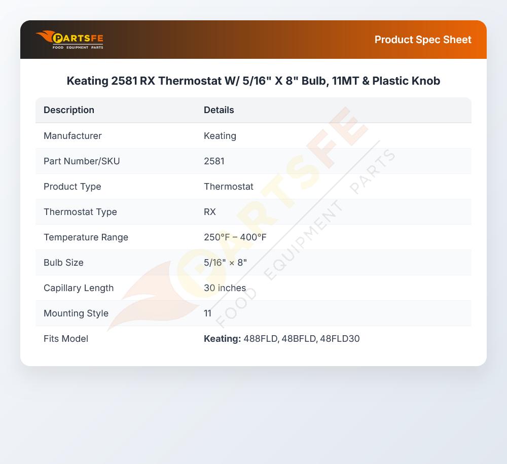 2581 RX Thermostat W/ 5/16" X 8" Bulb, 11MT & Plastic Knob