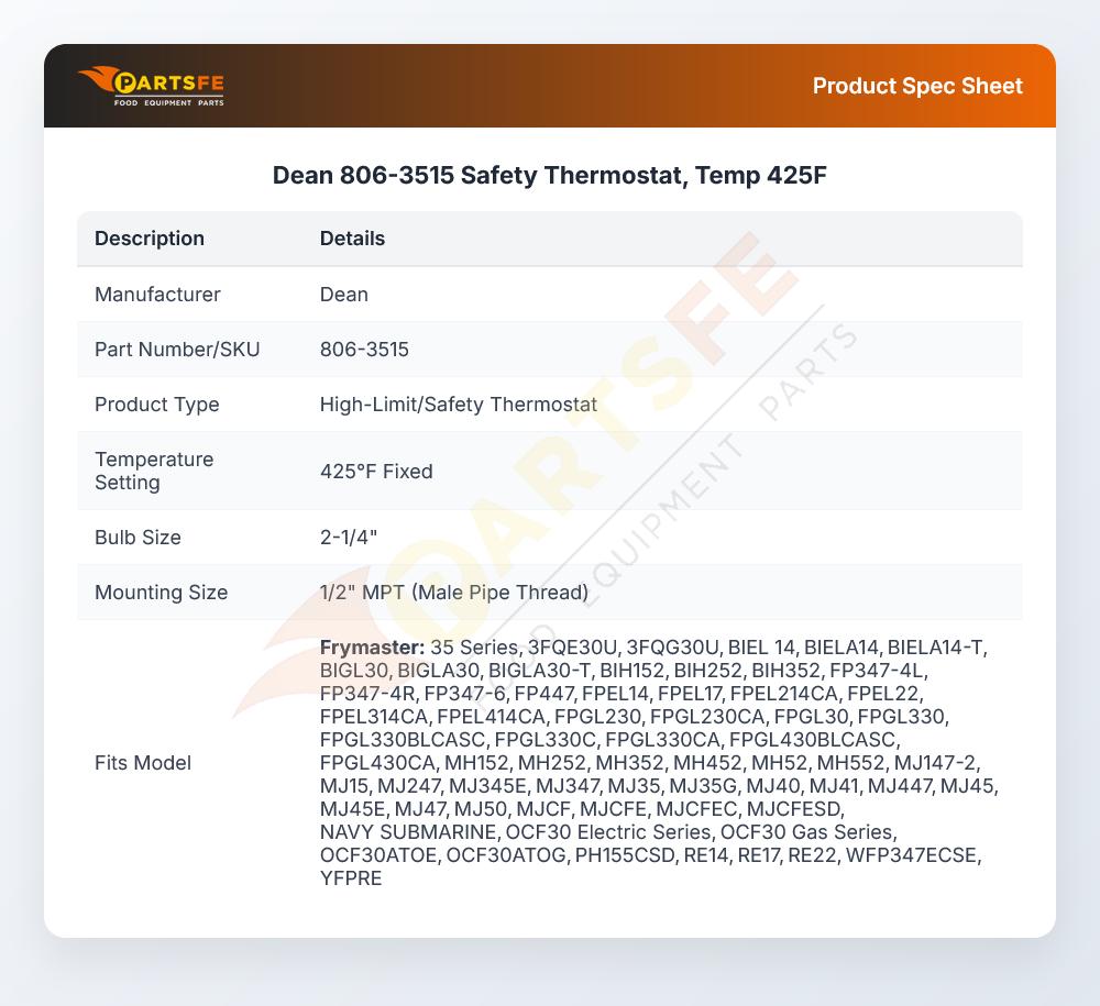Dean 806-3515 Safety Thermostat, Temp 425F