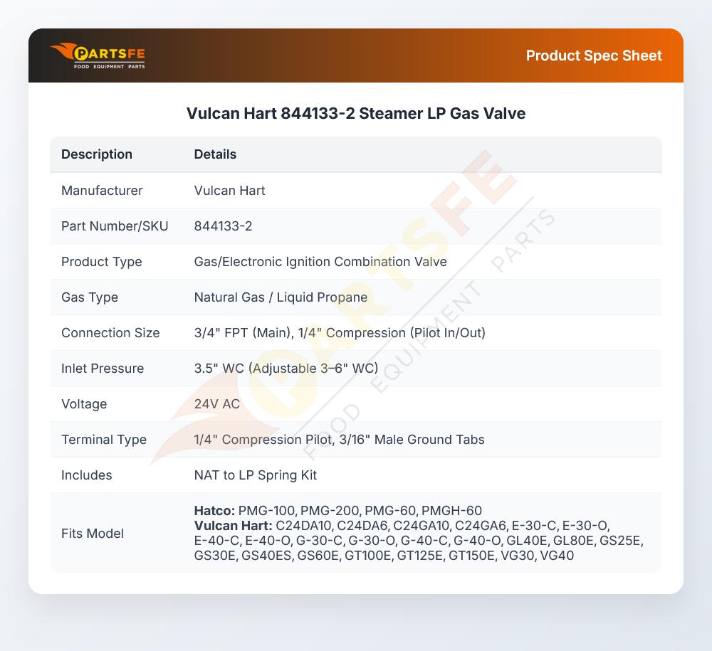 Vulcan Hart 844133-2 Steamer LP Gas Valve