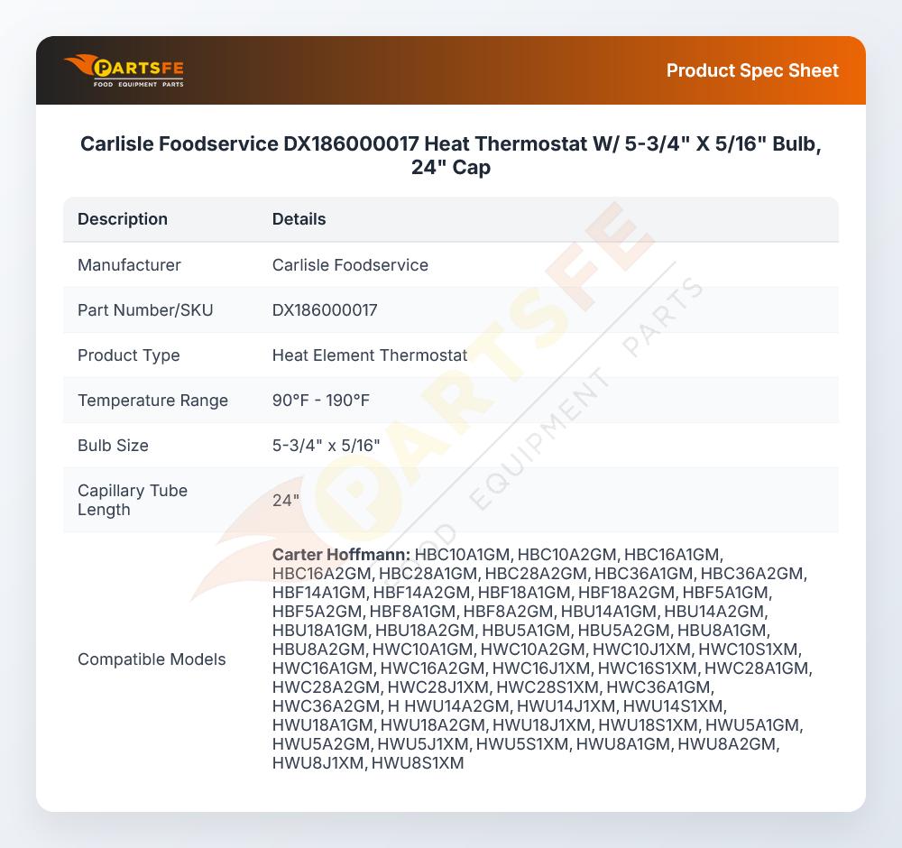 Carlisle Foodservice DX186000017 Heat Thermostat W/ 5-3/4" X 5/16" Bulb, 24" Cap