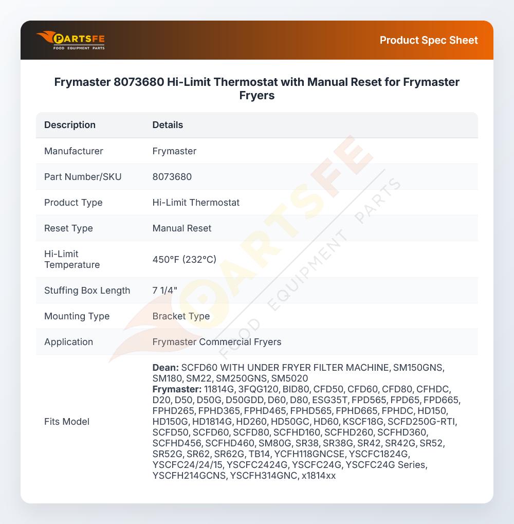 Frymaster 8073680 Fryer High Limit Thermostat Manual Reset 450&deg;F