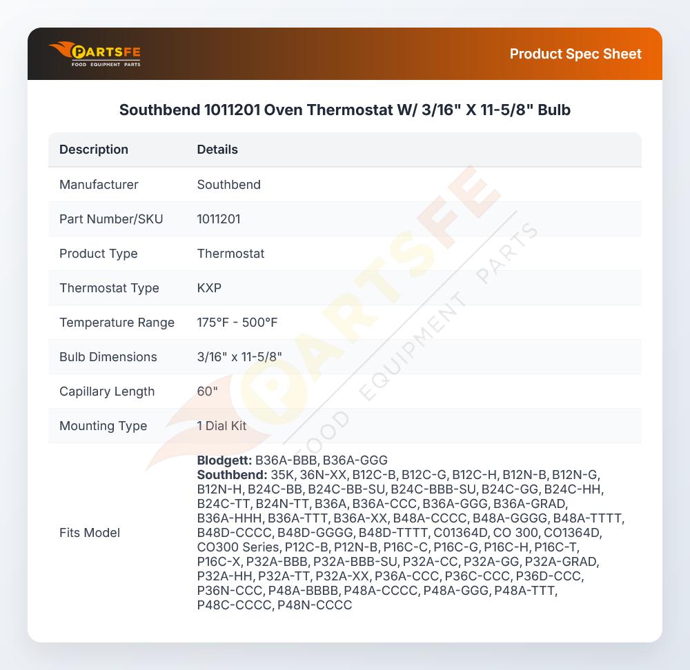 Southbend 1011201 Oven Thermostat W/ 3/16" X 11-5/8" Bulb
