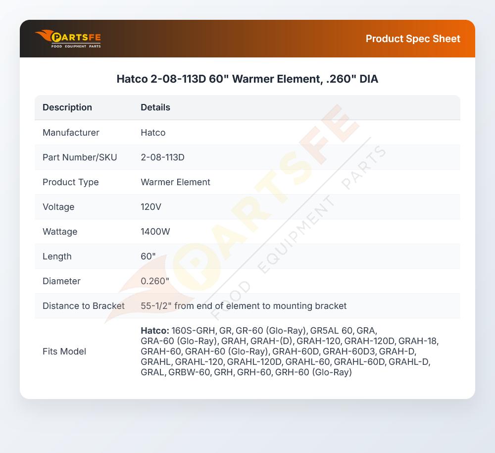 Hatco 2-08-113D 60" Warmer Element, .260" DIA