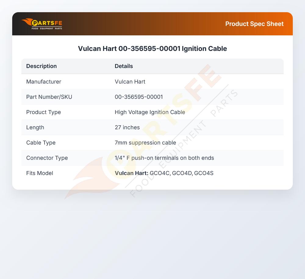 Vulcan Hart 00-356595-00001 Oven High Voltage Cable